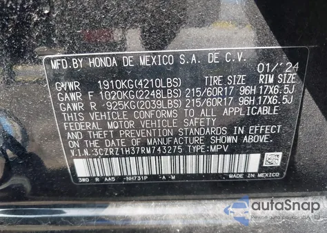 2024 Honda Hr-V 2Wd Lx z USA, uszkodzony, nr VIN 3CZRZ1H37RM743275